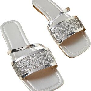 Women's Sequin Flat Sandals Metallic Dressy Shoes for Women Size 9